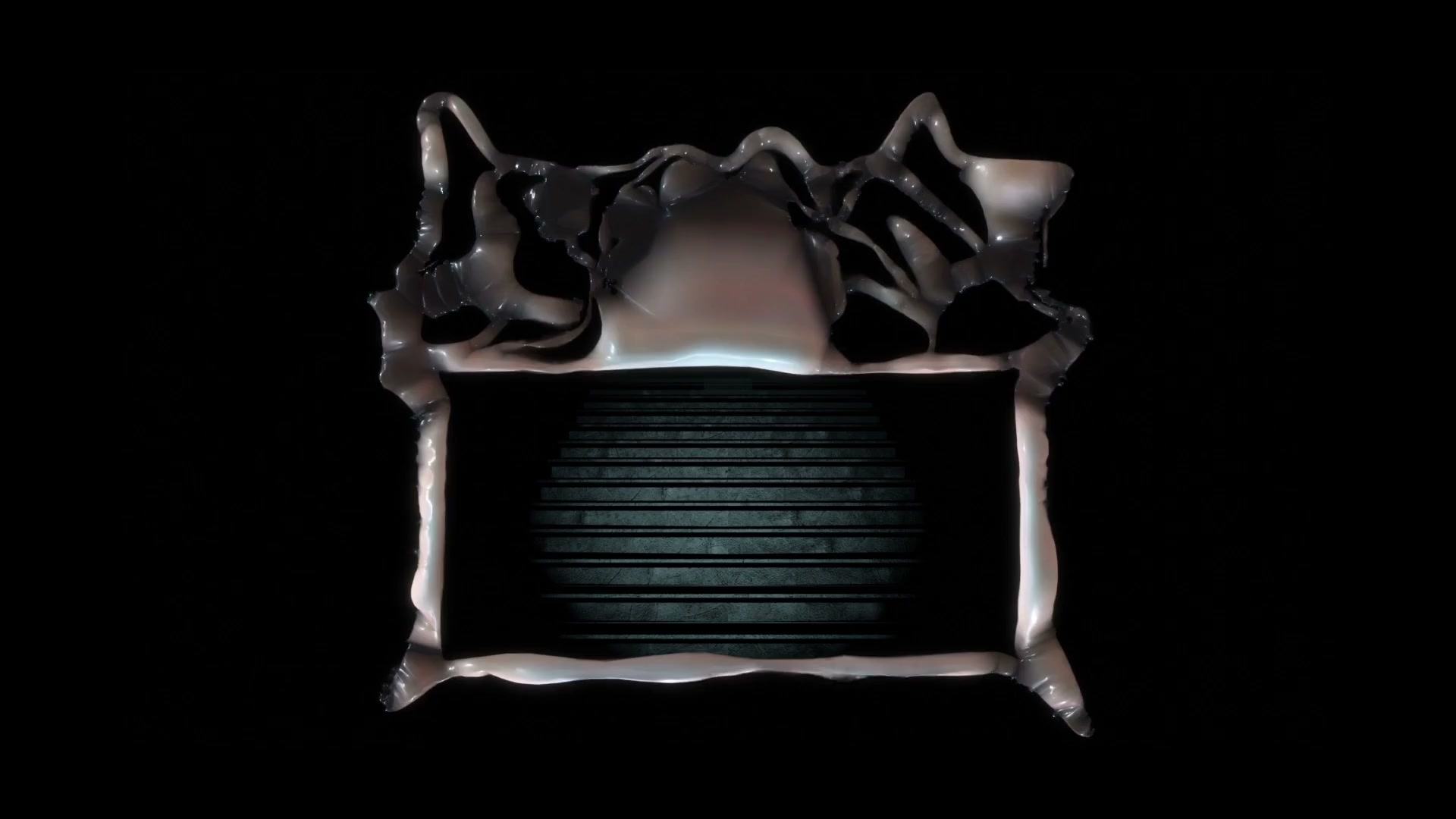 A glossy chrome-like organic mass frames a dark rectangular screen streaked with horizontal glitch scanlines, against black.